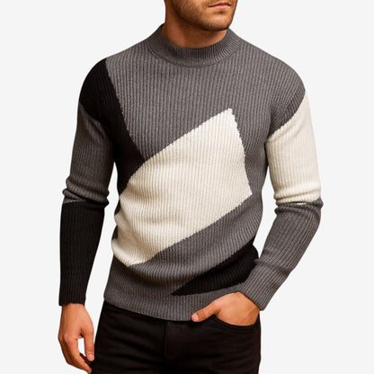 Men's Fitted Round-Neck Sweater Ribbed Trim Long-Sleeve Gray