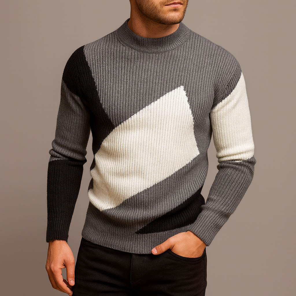 Men's Fitted Round-Neck Sweater Ribbed Trim Long-Sleeve 3