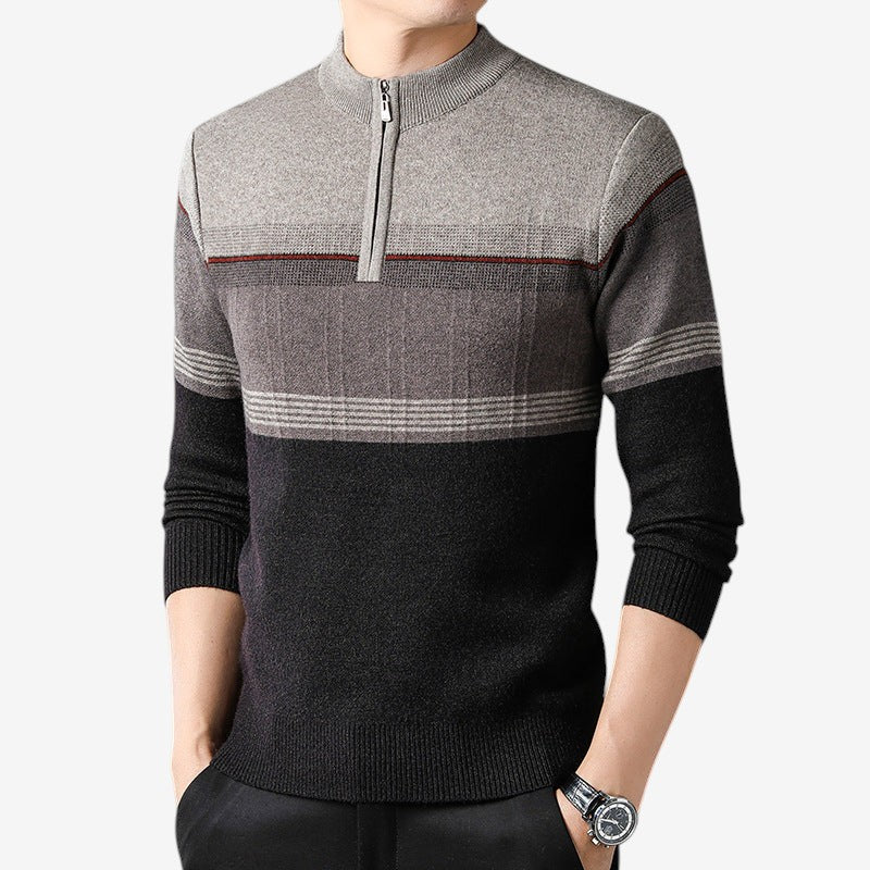 Men's Half-Zip Crew-Neck Sweater Ribbed Cuffs Long-Sleeve Khaki
