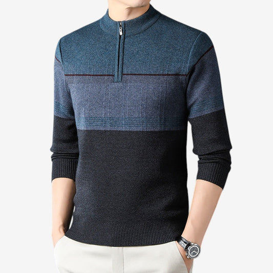 Men's Half-Zip Crew-Neck Sweater Ribbed Cuffs Long-Sleeve Blue