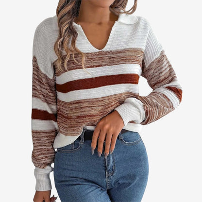 Women's Ribbed V-Neck Fold-Over Collar Long-Sleeve Sweater Brown