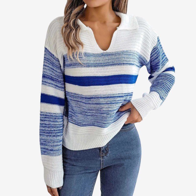 Women's Ribbed V-Neck Fold-Over Collar Long-Sleeve Sweater Blue