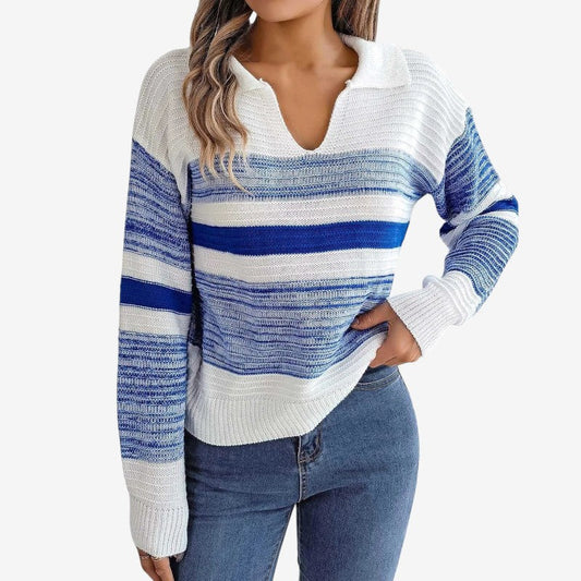 Women's Ribbed V-Neck Fold-Over Collar Long-Sleeve Sweater Blue