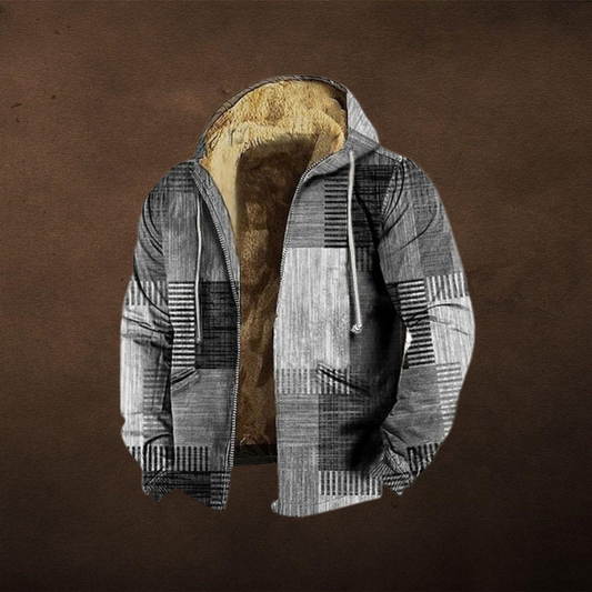 Men's Patchwork Print Hooded Jacket Warm Lining Casual Fit Gray