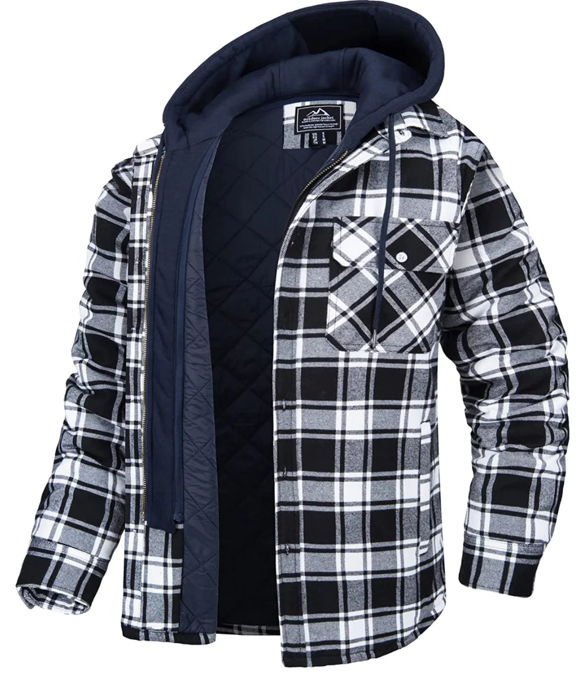 Men's Plaid Hooded Jacket Zip Front Chest Pockets Black