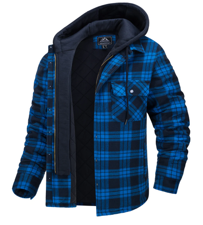 Men's Plaid Hooded Jacket Zip Front Chest Pockets Blue