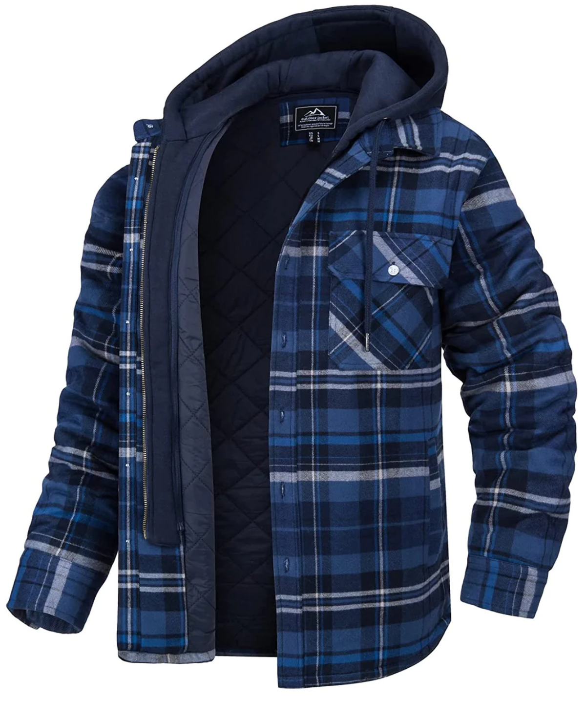 Men's Plaid Hooded Jacket Zip Front Chest Pockets Dark Blue