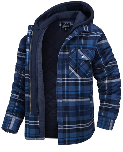 Men's Plaid Hooded Jacket Zip Front Chest Pockets Dark Blue
