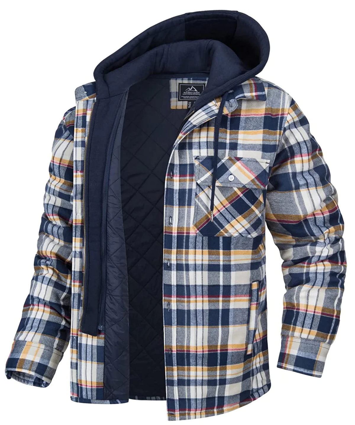 Men's Plaid Hooded Jacket Zip Front Chest Pockets Khaki