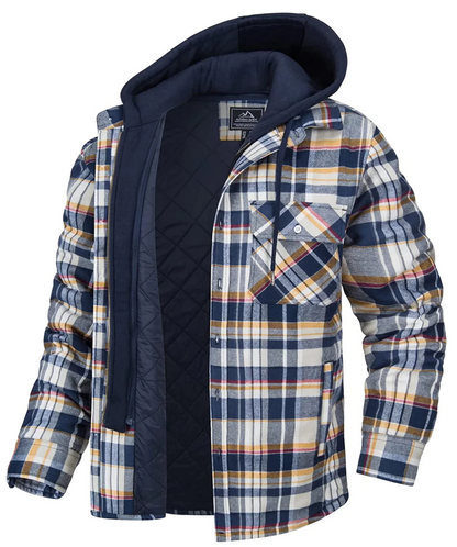 Men's Plaid Hooded Jacket Zip Front Chest Pockets Khaki