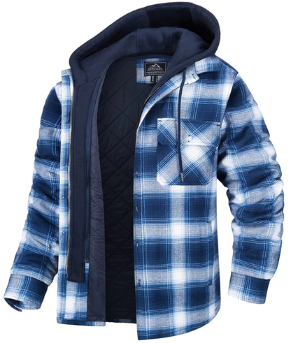 Men's Plaid Hooded Jacket Zip Front Chest Pockets Light Blue