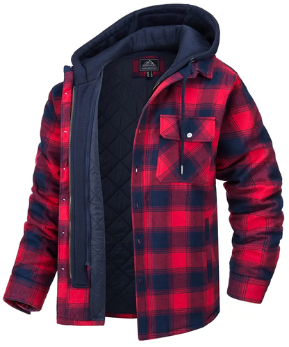 Men's Plaid Hooded Jacket Zip Front Chest Pockets Red