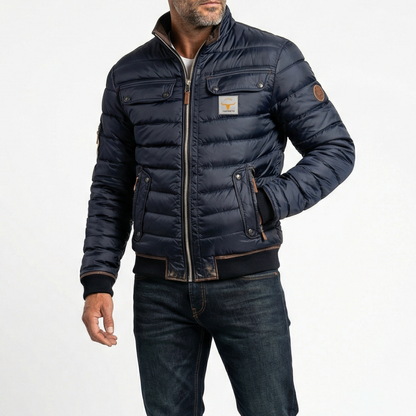 Men's Quilted Jacket Contrast Stand Collar Chest Pockets Relaxed Fit 1