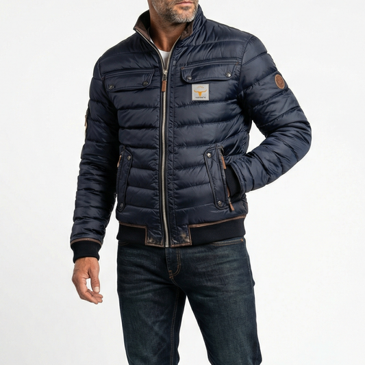 Men's Quilted Jacket Contrast Stand Collar Chest Pockets Relaxed Fit 1