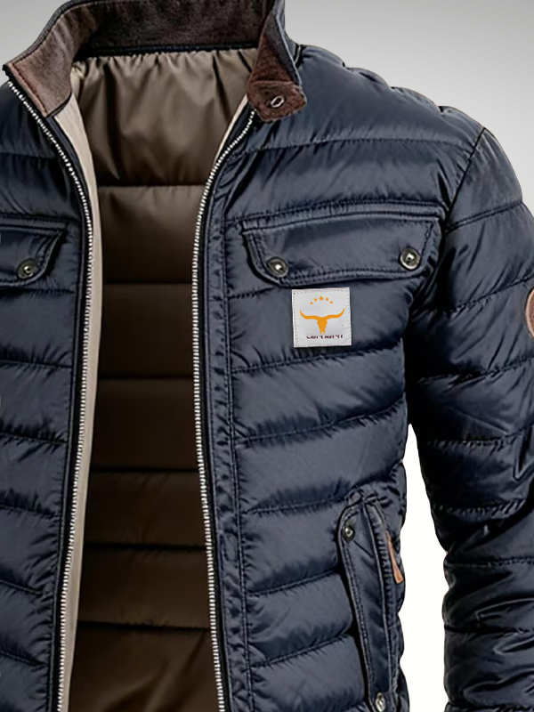 Men's Quilted Jacket Contrast Stand Collar Chest Pockets Relaxed Fit 3