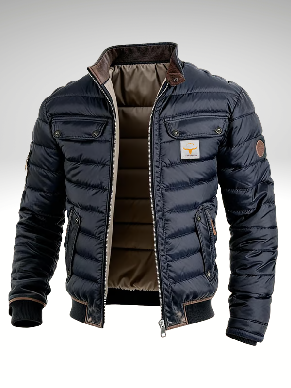 Men's Quilted Jacket Contrast Stand Collar Chest Pockets Relaxed Fit Navy Blue