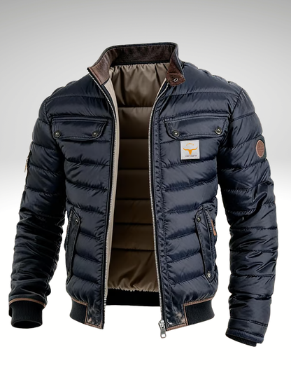 Men's Quilted Jacket Contrast Stand Collar Chest Pockets Relaxed Fit Navy Blue