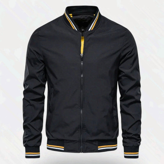 Men's Stand-Collar Zip-Front Jacket Non-Iron Polyester Ribbed Hem Black