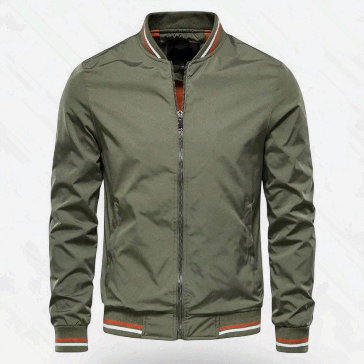 Men's Stand-Collar Zip-Front Jacket Non-Iron Polyester Ribbed Hem Green