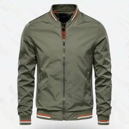 Men's Stand-Collar Zip-Front Jacket Non-Iron Polyester Ribbed Hem Green