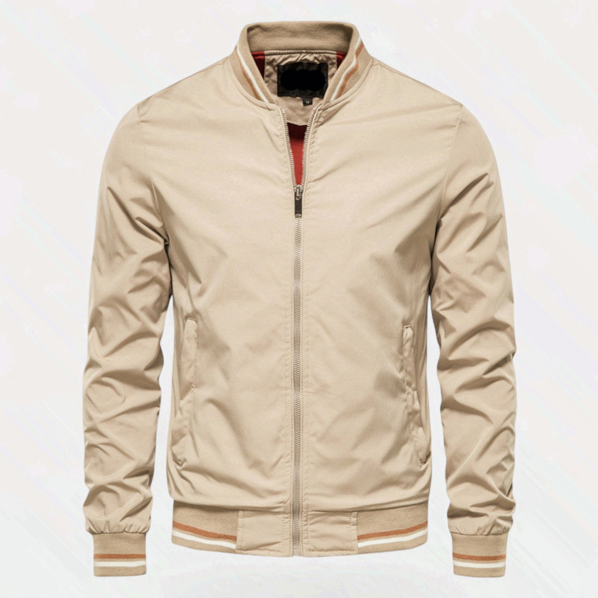 Men's Stand-Collar Zip-Front Jacket Non-Iron Polyester Ribbed Hem Khaki