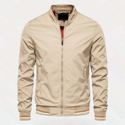 Men's Stand-Collar Zip-Front Jacket Non-Iron Polyester Ribbed Hem Khaki
