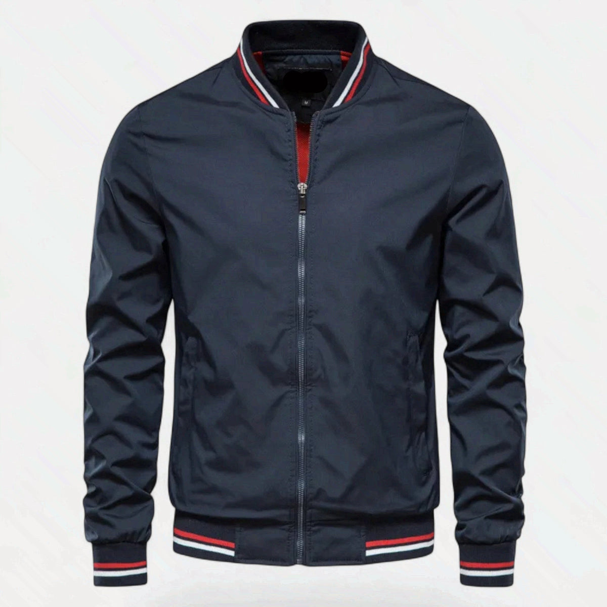 Men's Stand-Collar Zip-Front Jacket Non-Iron Polyester Ribbed Hem Navy