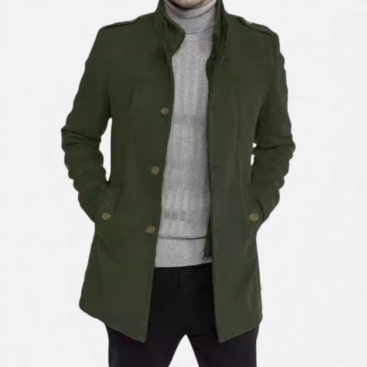 Men's Wool Zip-Up Overcoat Faux Two-Piece Design Mid-Length Green