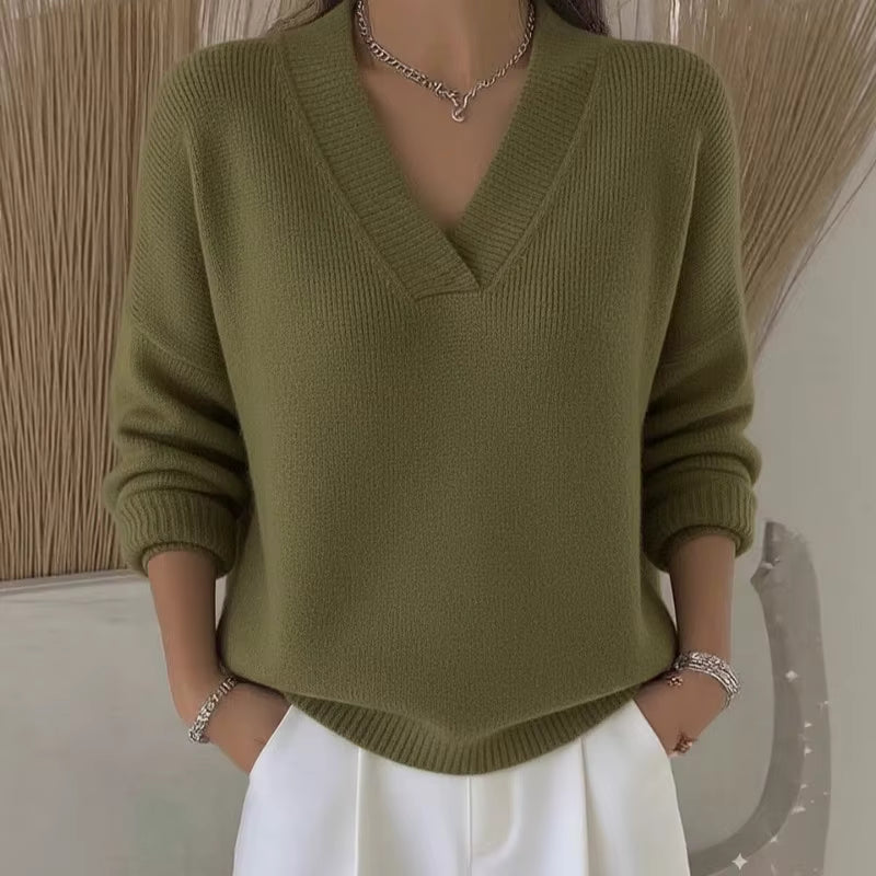 Women's Ribbed V-Neck Long-Sleeve Polyester Sweater 3