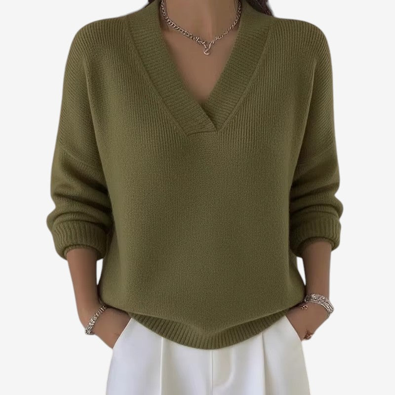 Women's Ribbed V-Neck Long-Sleeve Polyester Sweater Green