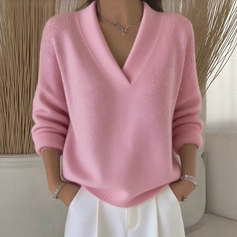 Women's Ribbed V-Neck Long-Sleeve Polyester Sweater 2