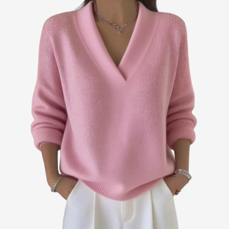 Women's Ribbed V-Neck Long-Sleeve Polyester Sweater Pink