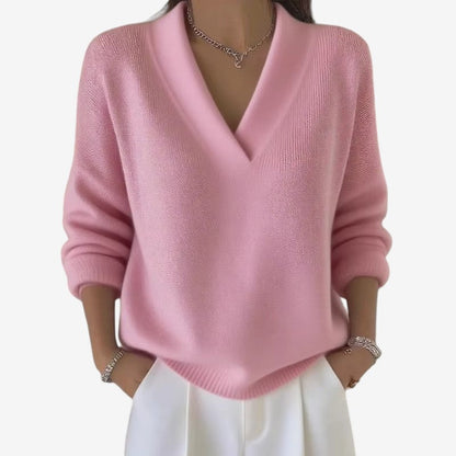Women's Ribbed V-Neck Long-Sleeve Polyester Sweater Pink