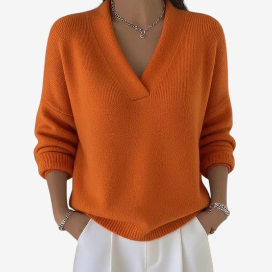 Women's Ribbed V-Neck Long-Sleeve Polyester Sweater Orange