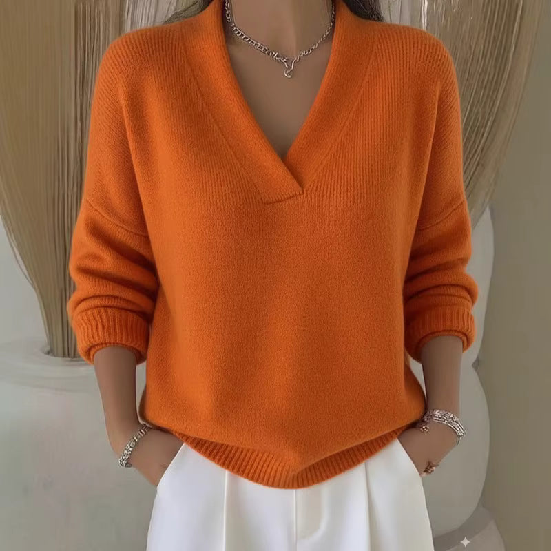 Women's Ribbed V-Neck Long-Sleeve Polyester Sweater 4