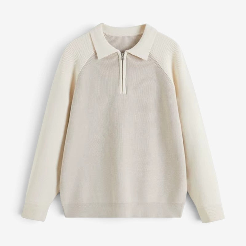 Men's Polo-Collar Half-Zip Long-Sleeve Polyester Sweater Beige