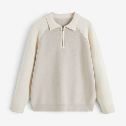Men's Polo-Collar Half-Zip Long-Sleeve Polyester Sweater Beige