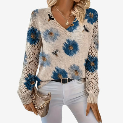 Women's Floral Print V-Neck Long-Sleeve Polyester Sweater Blue
