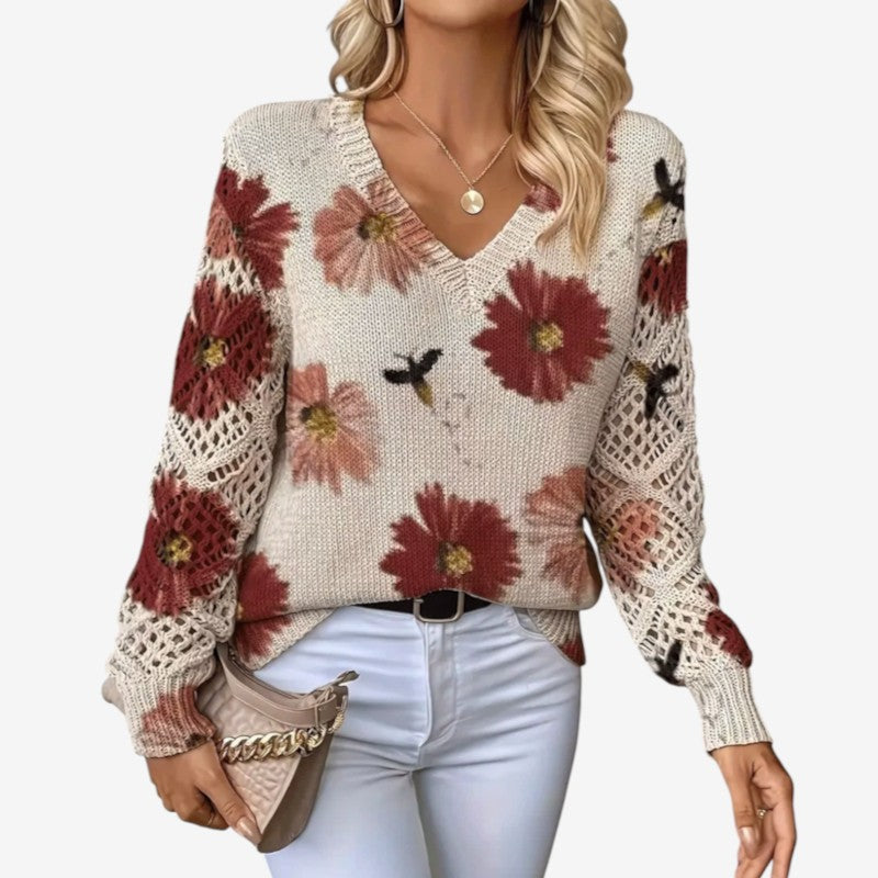 Women's Floral Print V-Neck Long-Sleeve Polyester Sweater Pink