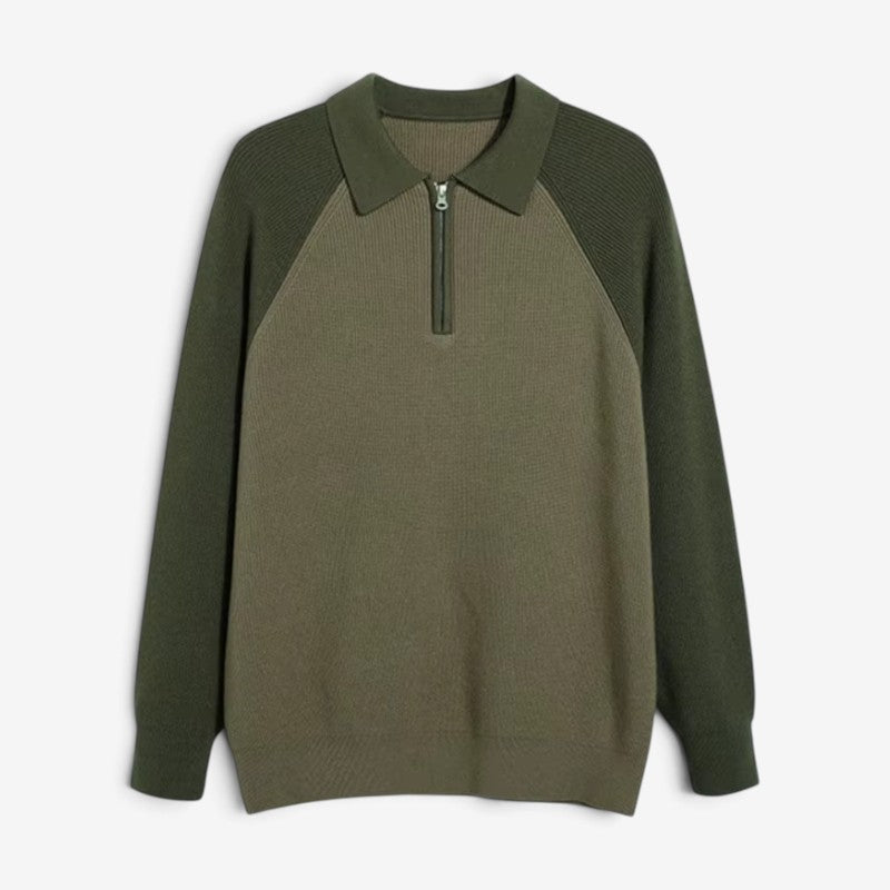 Men's Polo-Collar Half-Zip Long-Sleeve Polyester Sweater Green