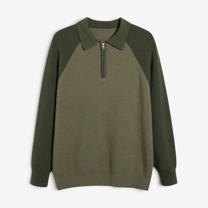 Men's Polo-Collar Half-Zip Long-Sleeve Polyester Sweater Green