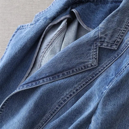 Women's Denim Blazer Notched Lapel Single-Button Fitted 3