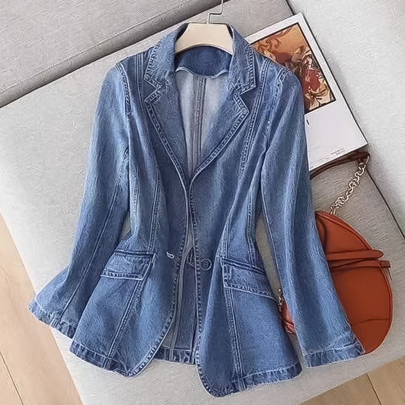 Women's Denim Blazer Notched Lapel Single-Button Fitted Blue