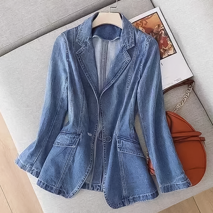 Women's Denim Blazer Notched Lapel Single-Button Fitted Blue