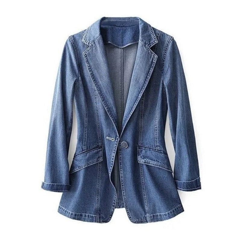Women's Denim Blazer Notched Lapel Single-Button Fitted 1