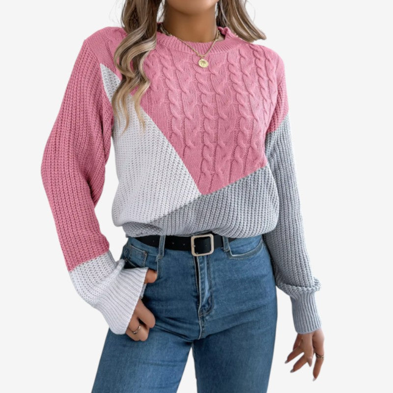 Women's Ribbed Round-Neck Long-Sleeve Polyester Sweater Pink