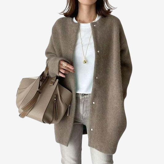 Women's Long-Line Button-Front Cardigan Open-Collar Knit Outerwear Brown