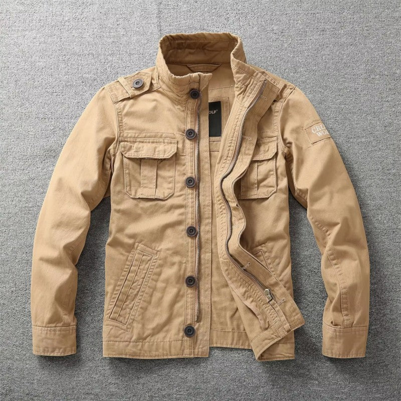 Men's Cotton Zip Button Jacket Multi-Pocket Long-Sleeve 2