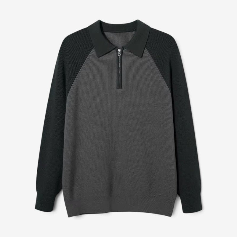 Men's Polo-Collar Half-Zip Long-Sleeve Polyester Sweater Black