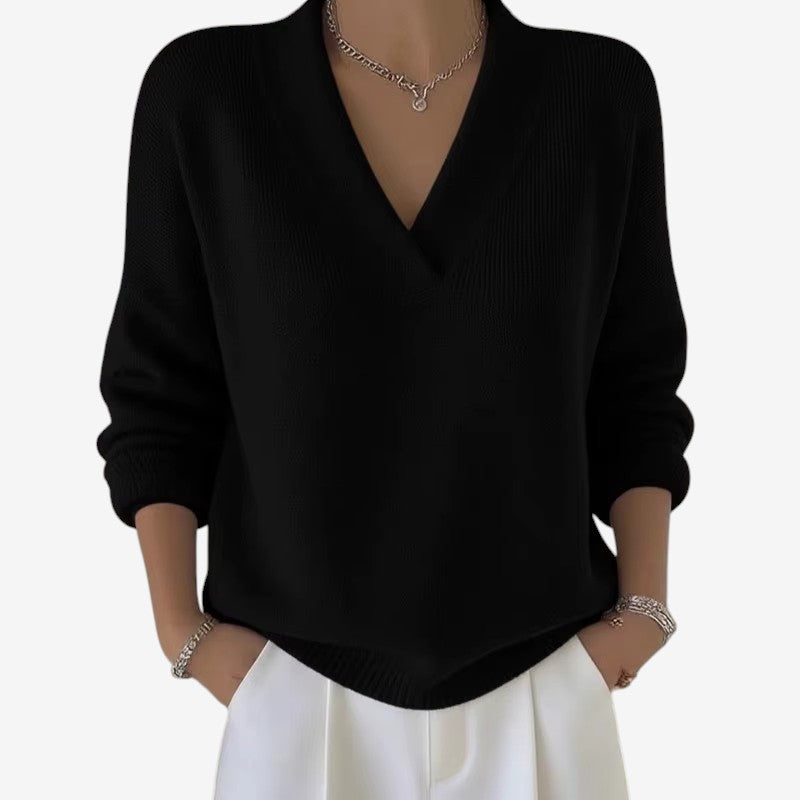 Women's Ribbed V-Neck Long-Sleeve Polyester Sweater Black